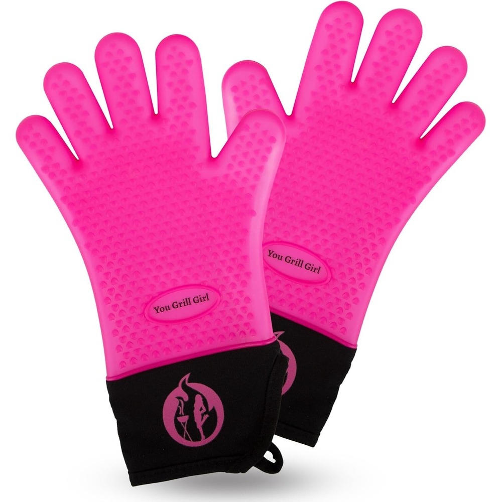 You Grill Girl Silicone BBQ Gloves Heat Resistant Grilling Cooking Pink 1 Pair